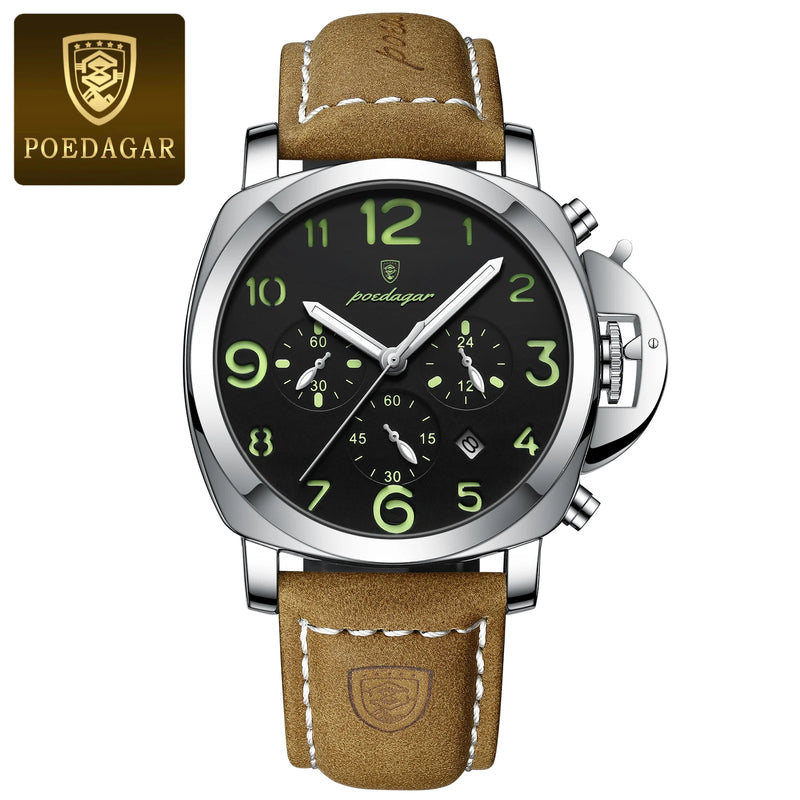 POEDAGAR Luxury Military Watch For Men Waterproof Luminous Leather Man Watch Quartz High Quality Men's Sports Watches Male Reloj